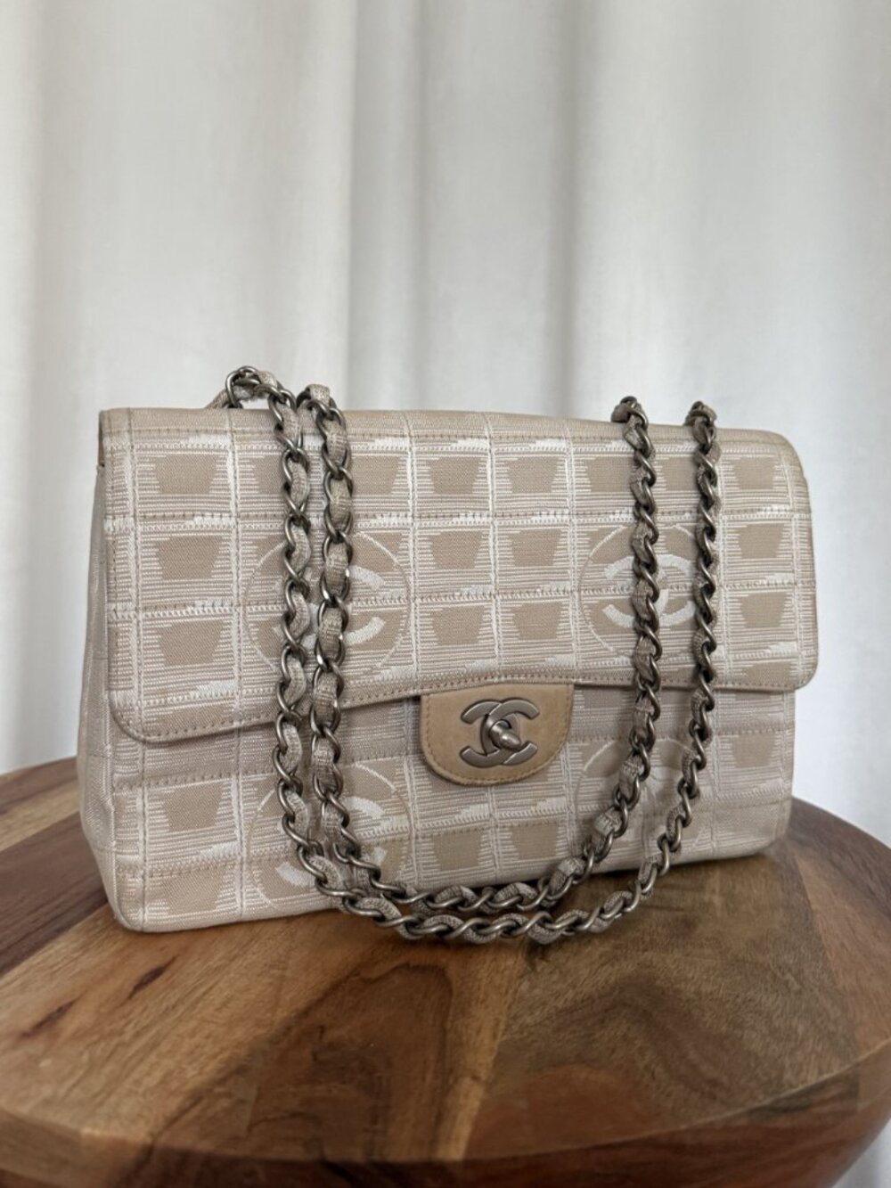 CHANEL Vintage 2003 Travel Line Flap Bag Beige White Silver Chain Medium + Box
